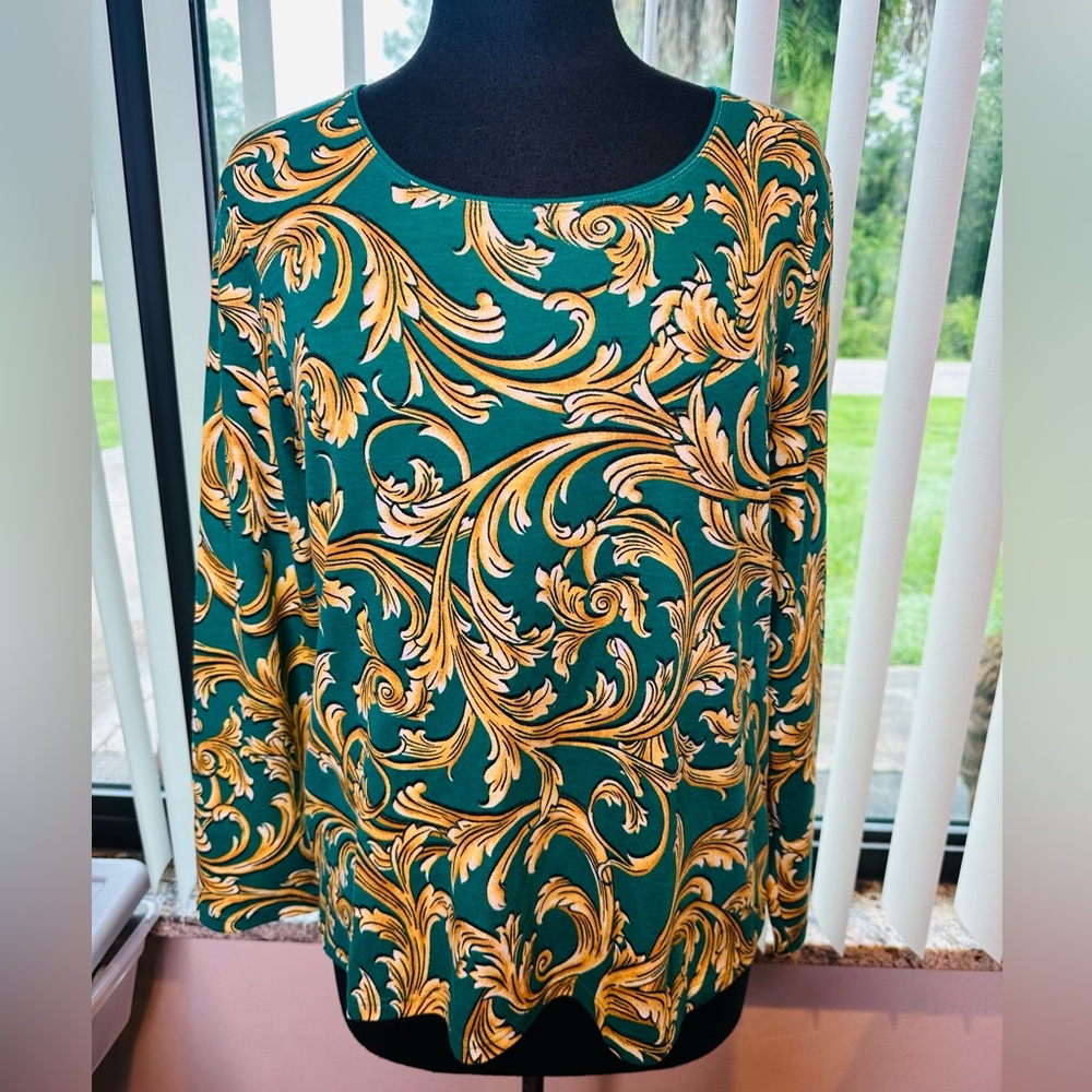 Karen Scott Green Gold Patterned Paisley Cotton Blend Blouse Top Size PXL